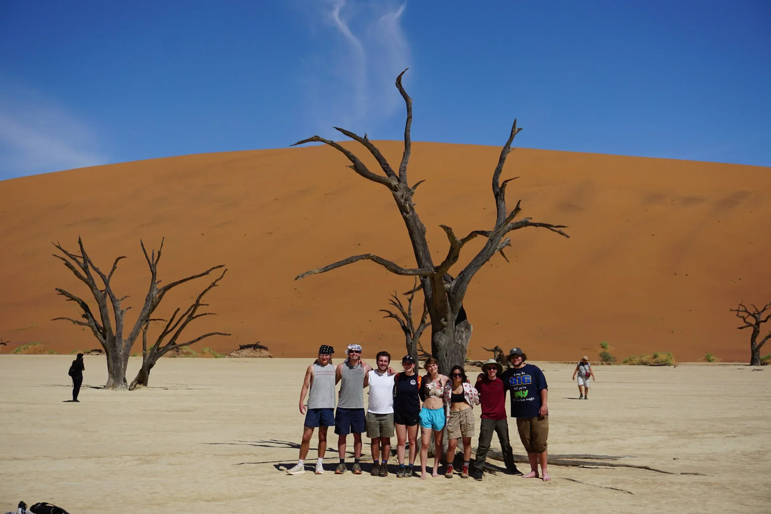 A group standing among dead trees at Deadvlei with a tall dune behind